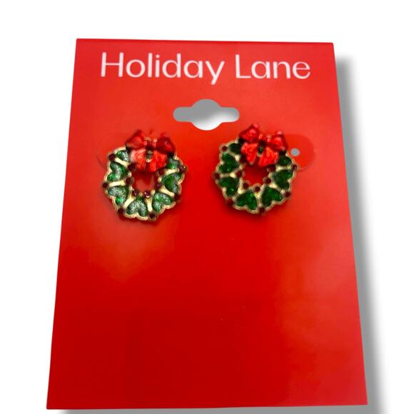 NEW Holiday Lane Christmas Wreath Earrings Small Hoop Drop Winter Festive Hearts - Picture 4 of 10